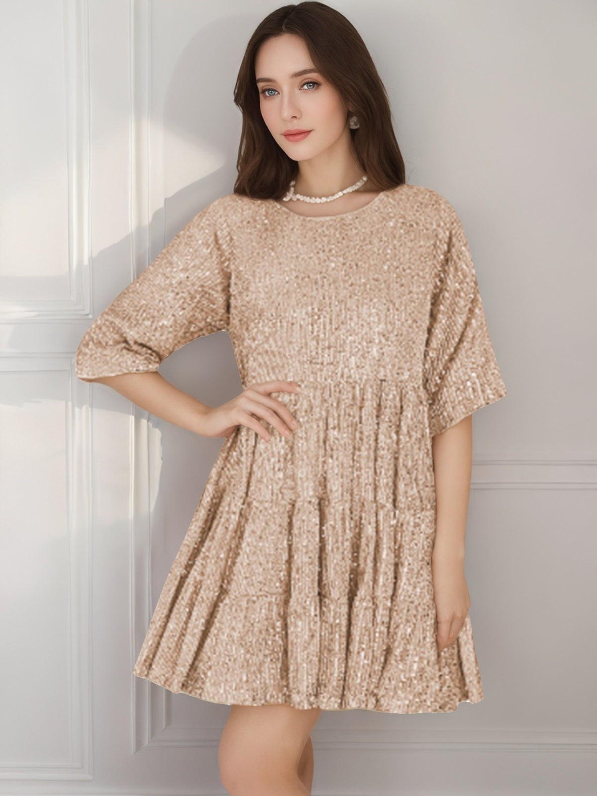 Midnight Sequin Cocktail Dress with Elegant Half-Sleeves - VELORA
