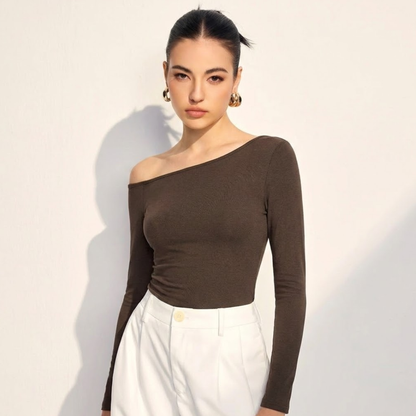 Women’s Off-Shoulder Long Sleeve T-Shirt – Slim Fit Casual Sexy Top VELORA