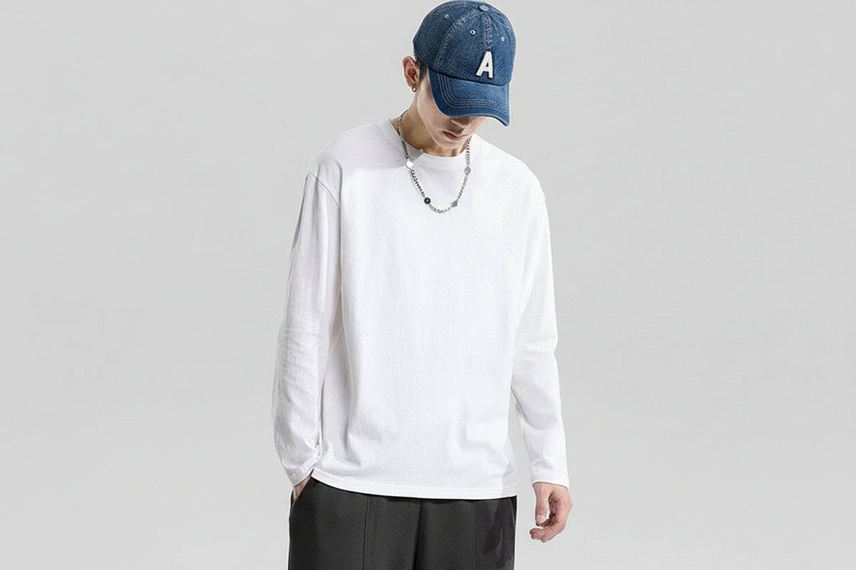 Solid Color Round-Neck Long Sleeve Shirt - VELORA