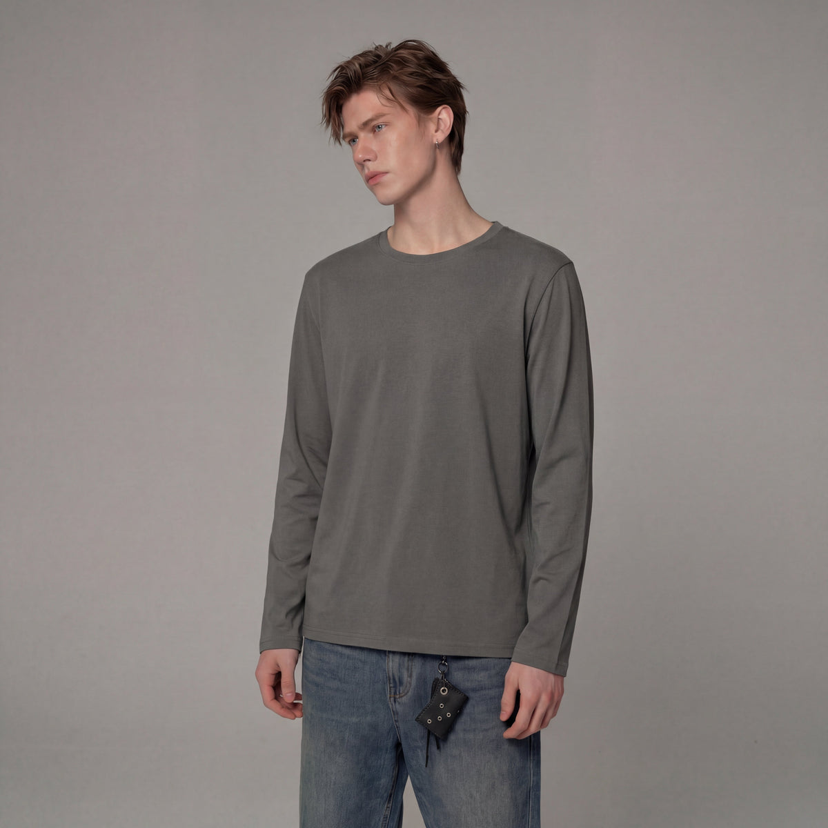 Men's Solid Color Round-Neck Long Sleeve Shirt VELORA